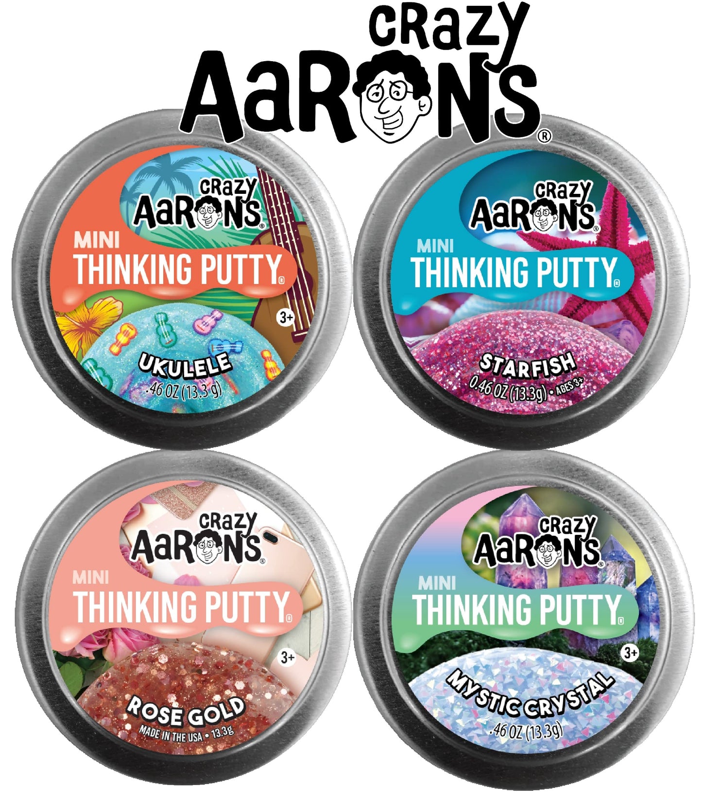 Crazy Aaron's Putty Mini Tins Gift Set – Mystical Crystal, Ukulele, Starfish, Rose Gold (4x13.3g) | Matty's Toy Stop