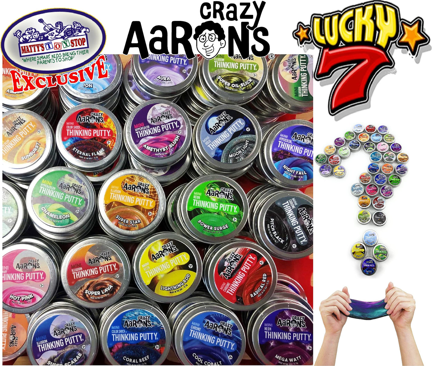Matty's Toy Stop Crazy Aaron's Putty Mini Tins Lucky 7 Surprise Gift Set – 7 Pack (.47 oz Each)