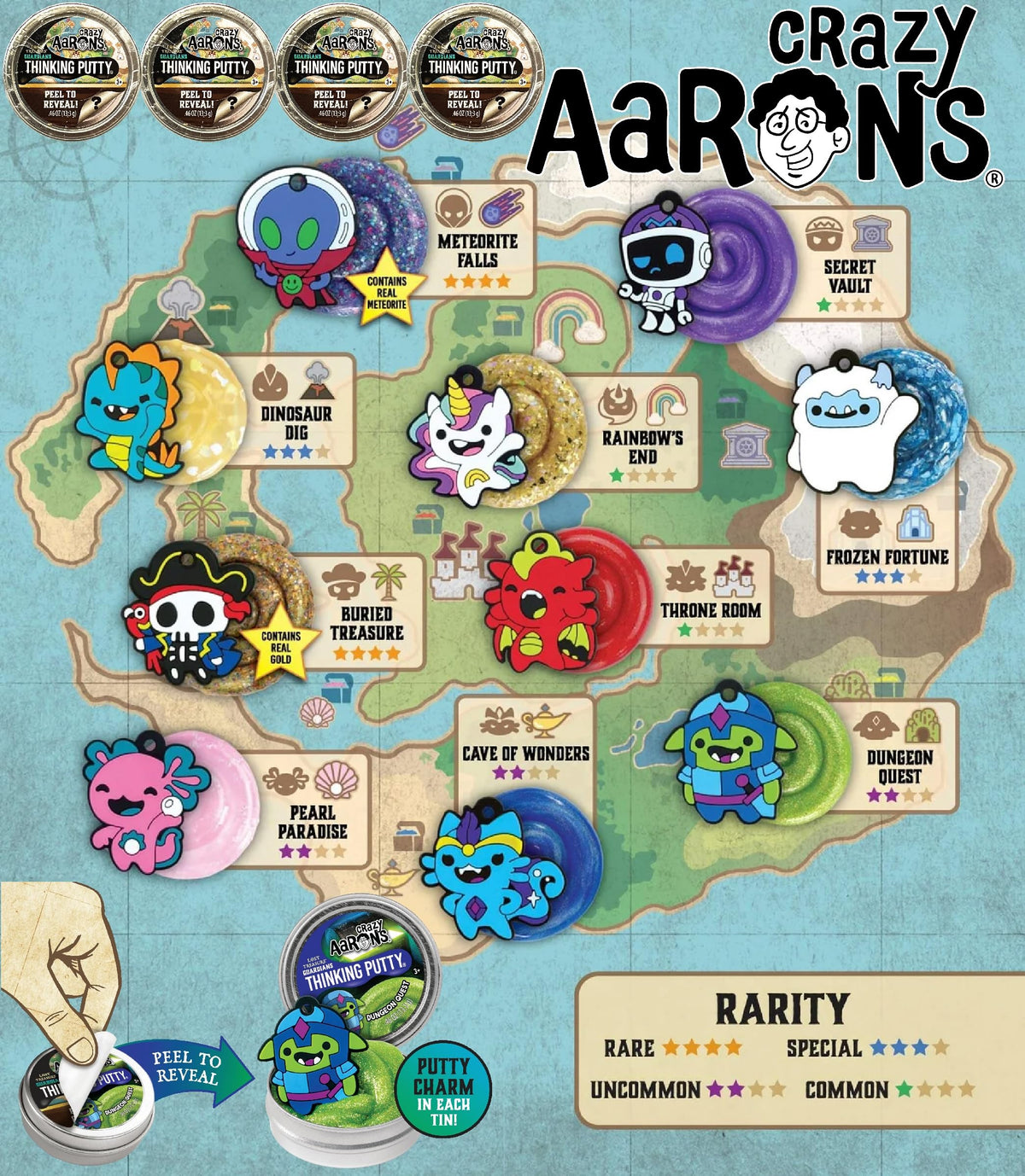 Matty's Toy Stop: Crazy Aaron's Putty Mini Tin Lost Treasure Guardians – Peel to Reveal Putty & Charms (4 Pack)