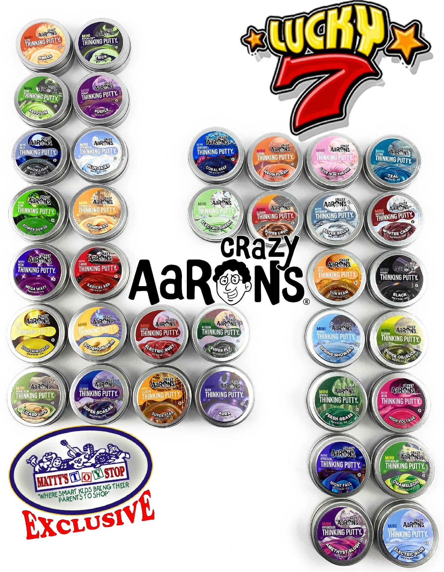 Matty's Toy Stop Crazy Aaron's Putty Mini Tins Lucky 7 Surprise Gift Set – 7 Pack (.47 oz Each)