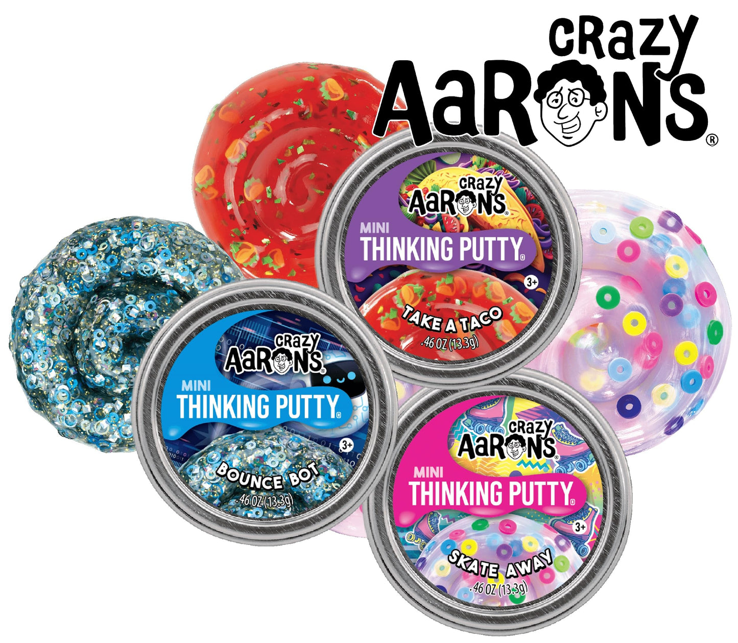 Matty's Toy Stop Crazy Aaron's Putty Mini Tins Bundle - Bounce Bot, Skate Away & Take-A-Taco 3-Pack (13.3g Each)