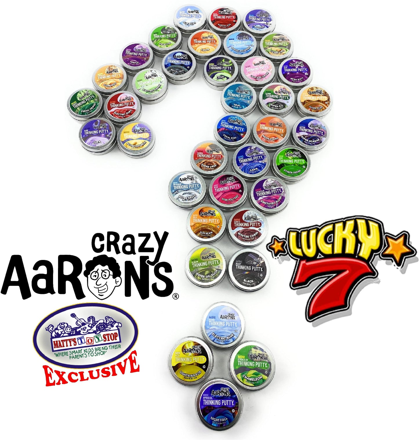 Matty's Toy Stop Crazy Aaron's Putty Mini Tins Lucky 7 Surprise Gift Set – 7 Pack (.47 oz Each)