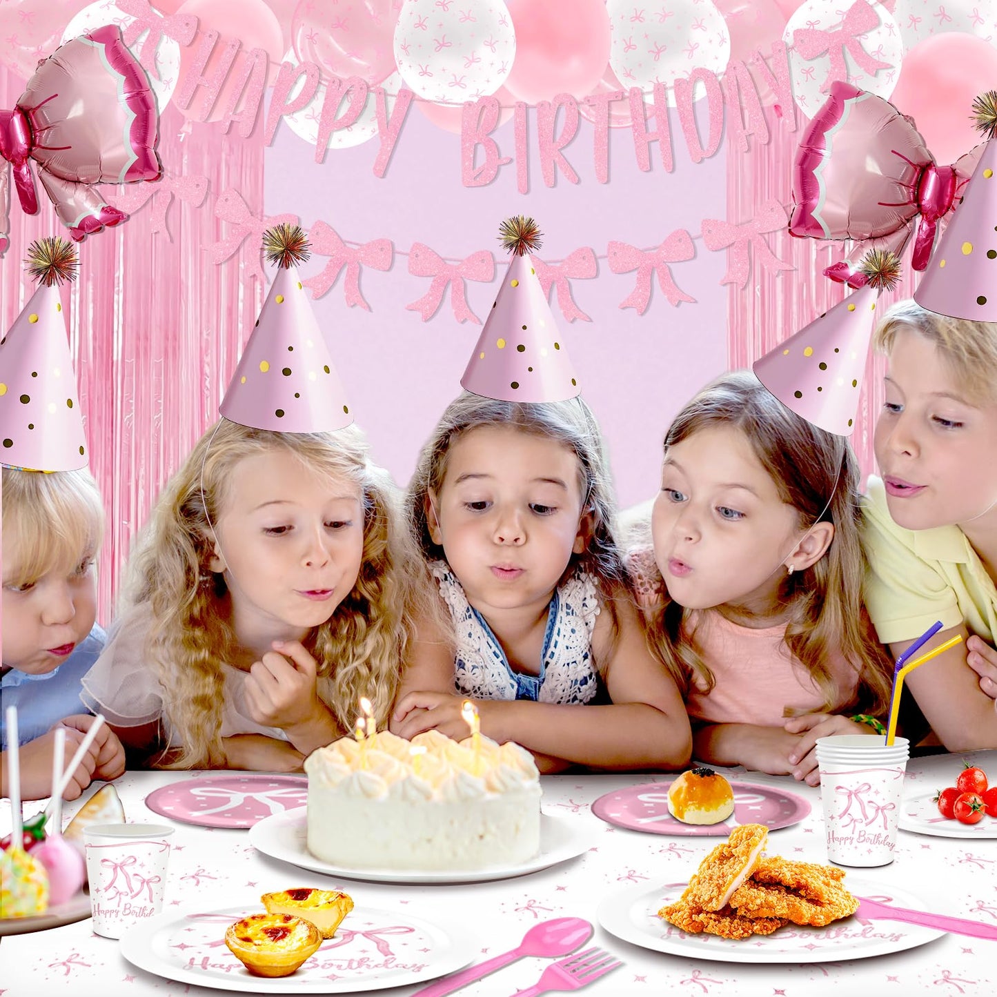 Maudundon Pink Bow Birthday Decorations Kit for 25 Guests | Coquette Party Supplies