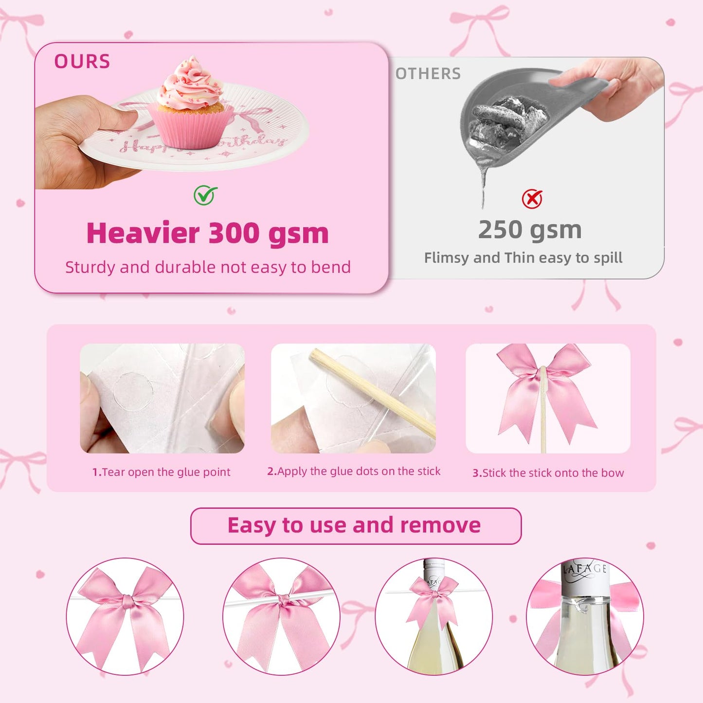 Maudundon Pink Bow Birthday Decorations Kit for 25 Guests | Coquette Party Supplies