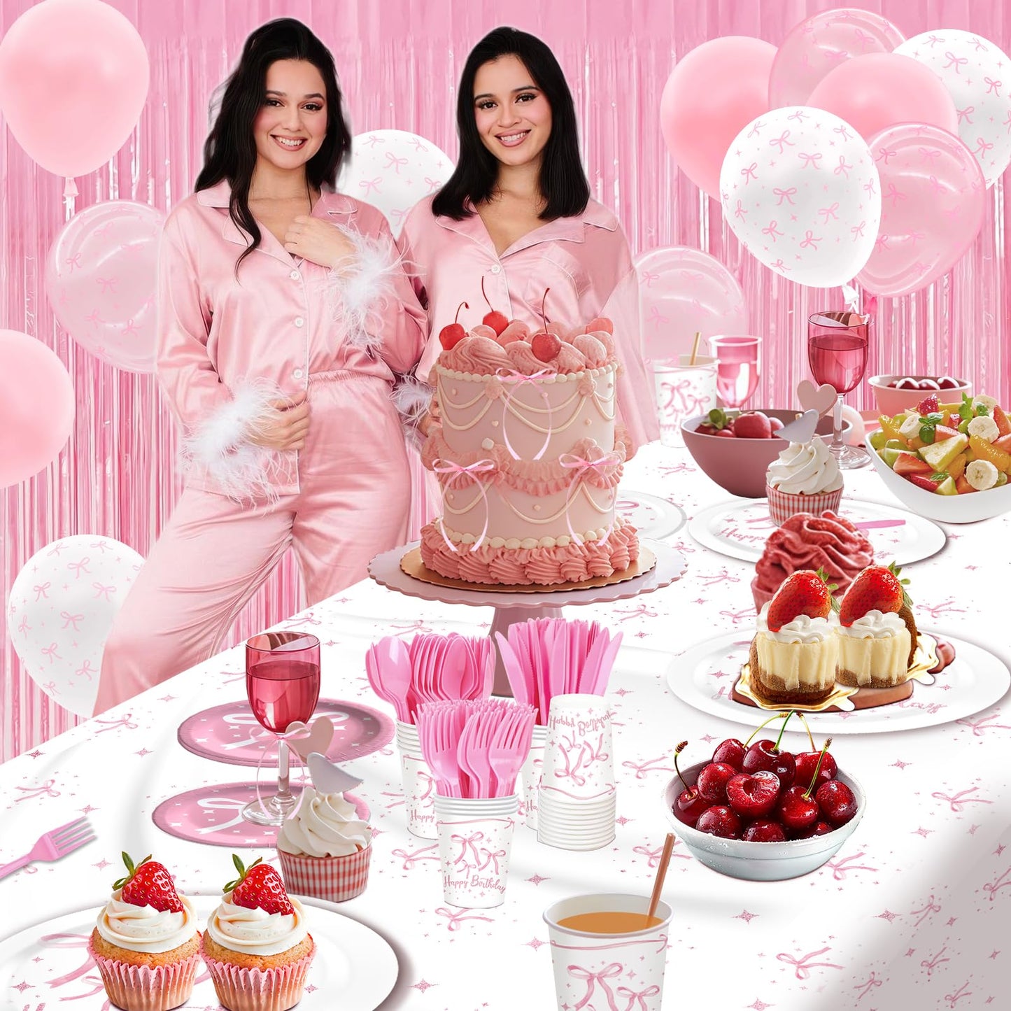 Maudundon Pink Bow Birthday Decorations Kit for 25 Guests | Coquette Party Supplies