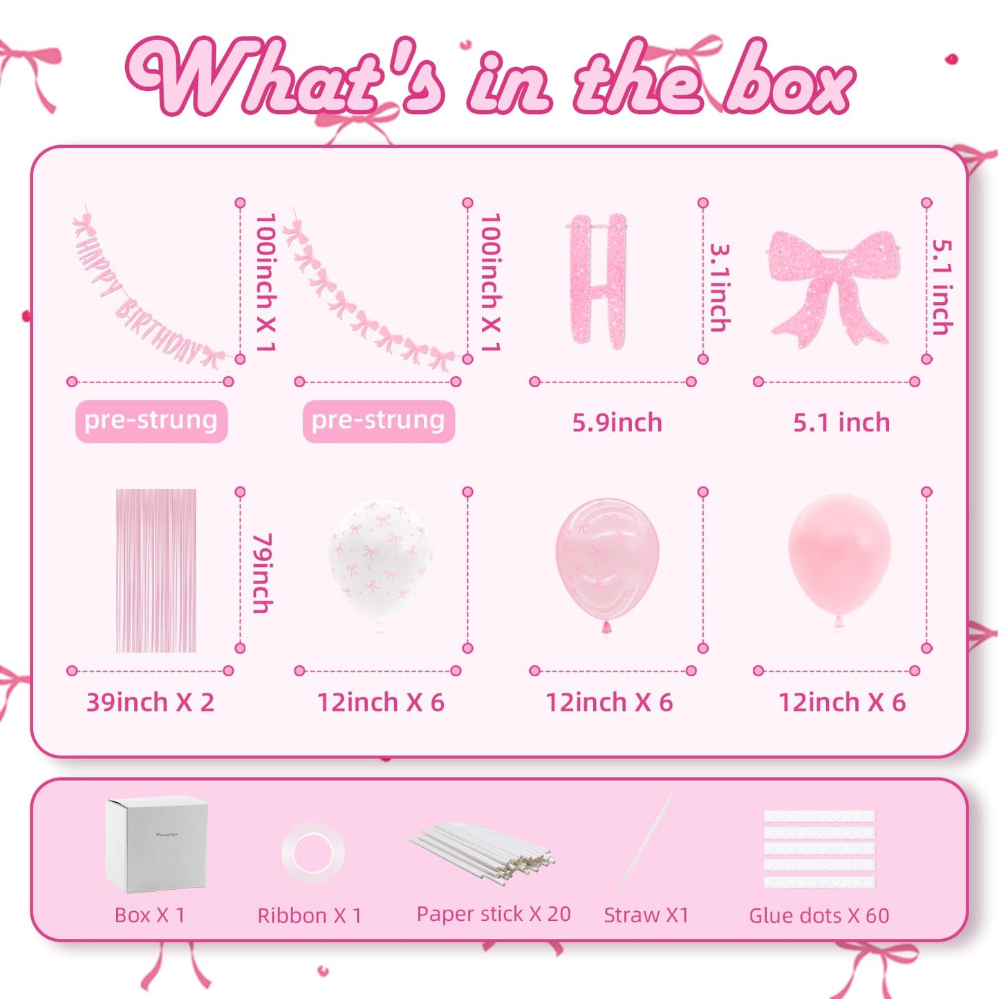 Maudundon Pink Bow Birthday Decorations Kit for 25 Guests | Coquette Party Supplies