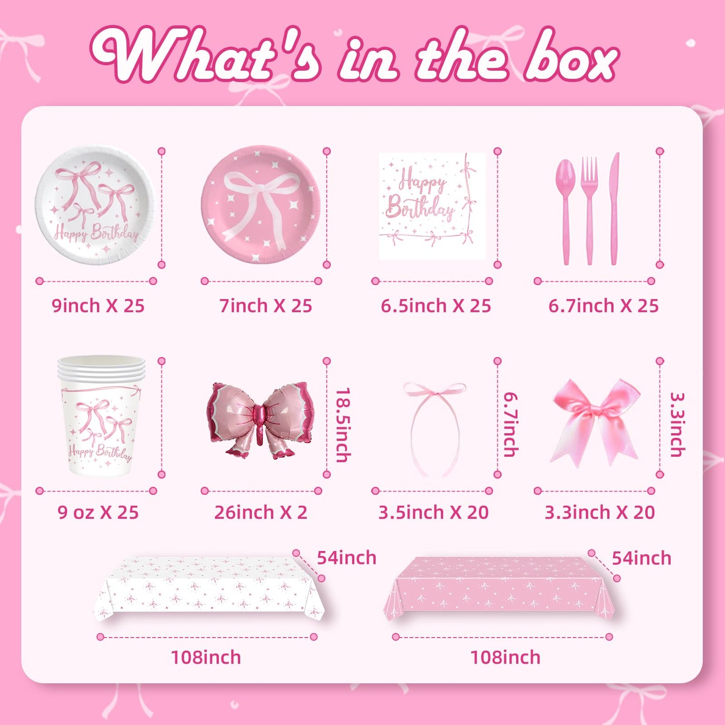 Maudundon Pink Bow Birthday Decorations Kit for 25 Guests | Coquette Party Supplies