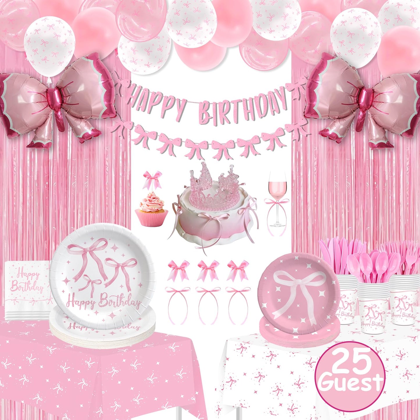 Maudundon Pink Bow Birthday Decorations Kit for 25 Guests | Coquette Party Supplies