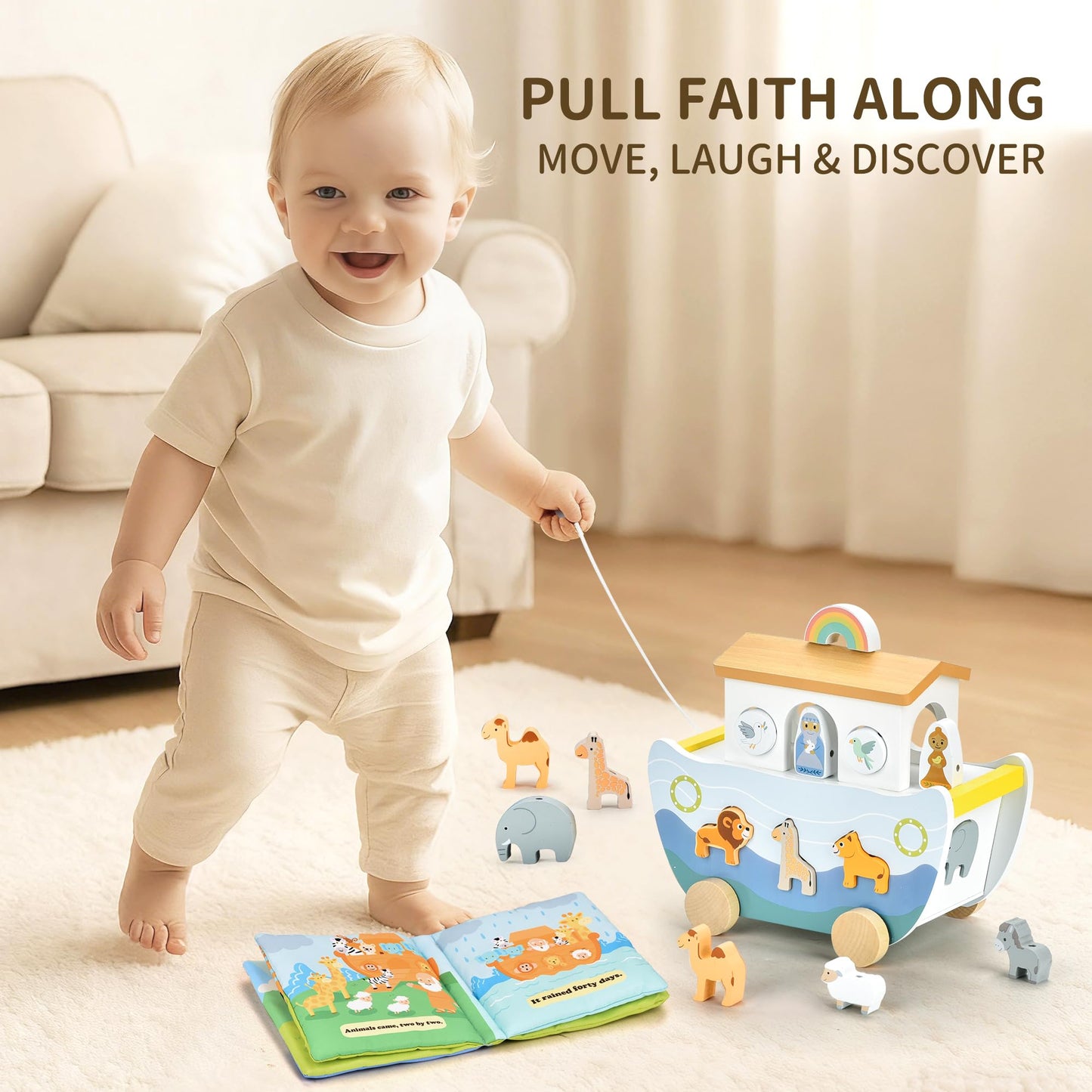 Mauzutta Wooden Noah's Ark Pull-Along Toy with Bible Story Cloth Book – Montessori Sorting Set for Toddlers