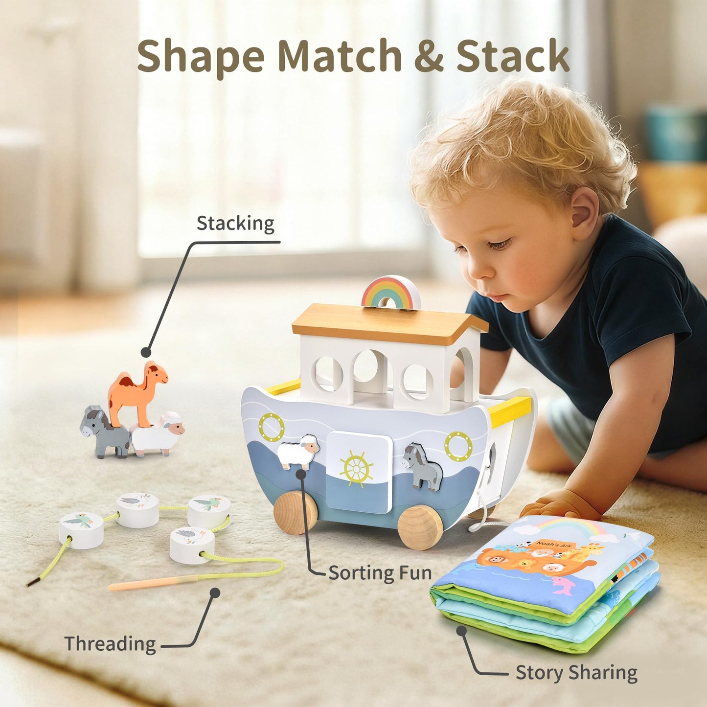 Mauzutta Wooden Noah's Ark Pull-Along Toy with Bible Story Cloth Book – Montessori Sorting Set for Toddlers