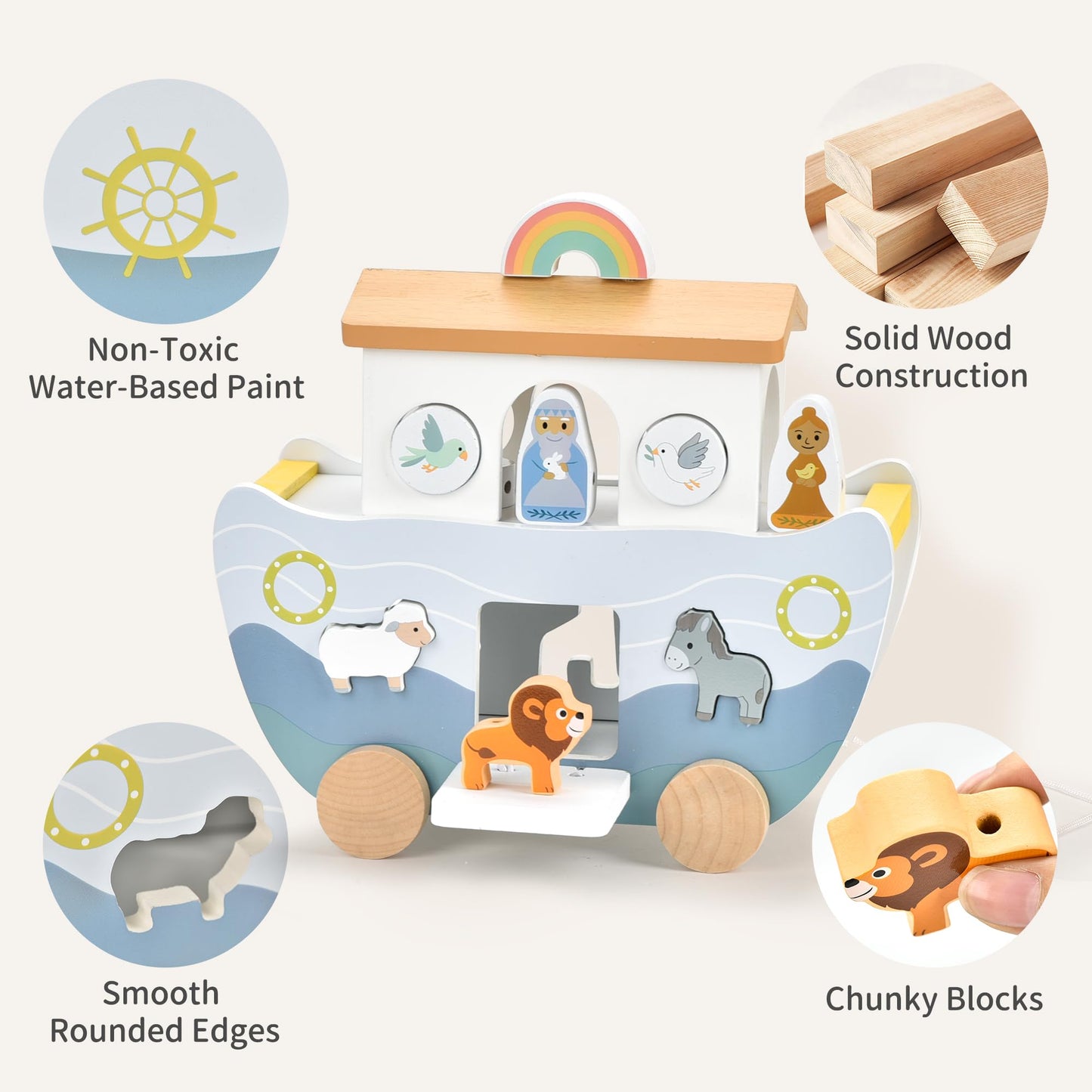 Mauzutta Wooden Noah's Ark Pull-Along Toy with Bible Story Cloth Book – Montessori Sorting Set for Toddlers