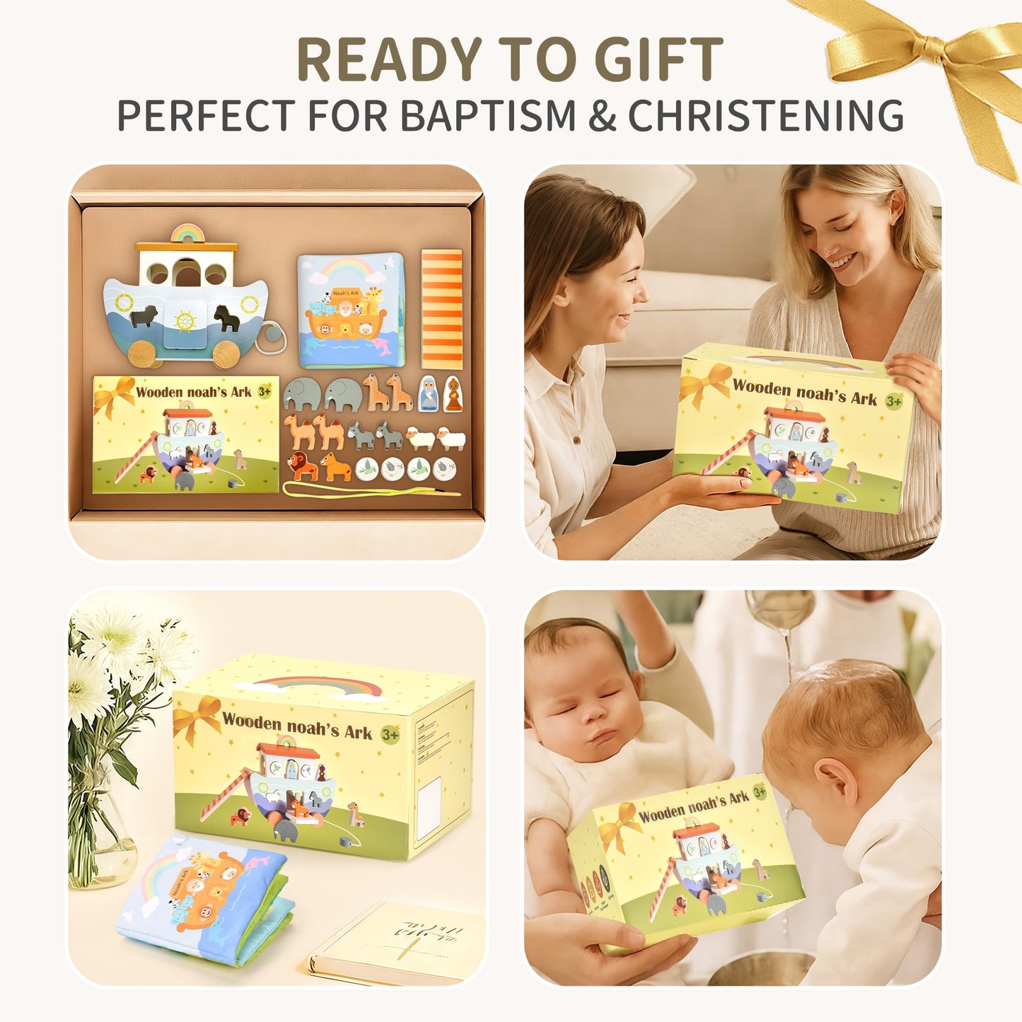 Mauzutta Wooden Noah's Ark Pull-Along Toy with Bible Story Cloth Book – Montessori Sorting Set for Toddlers