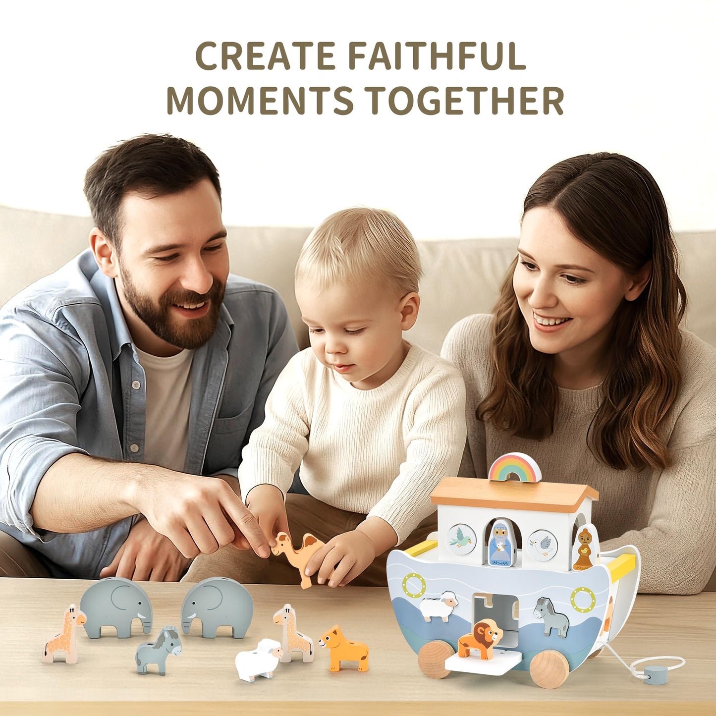 Mauzutta Wooden Noah's Ark Pull-Along Toy with Bible Story Cloth Book – Montessori Sorting Set for Toddlers