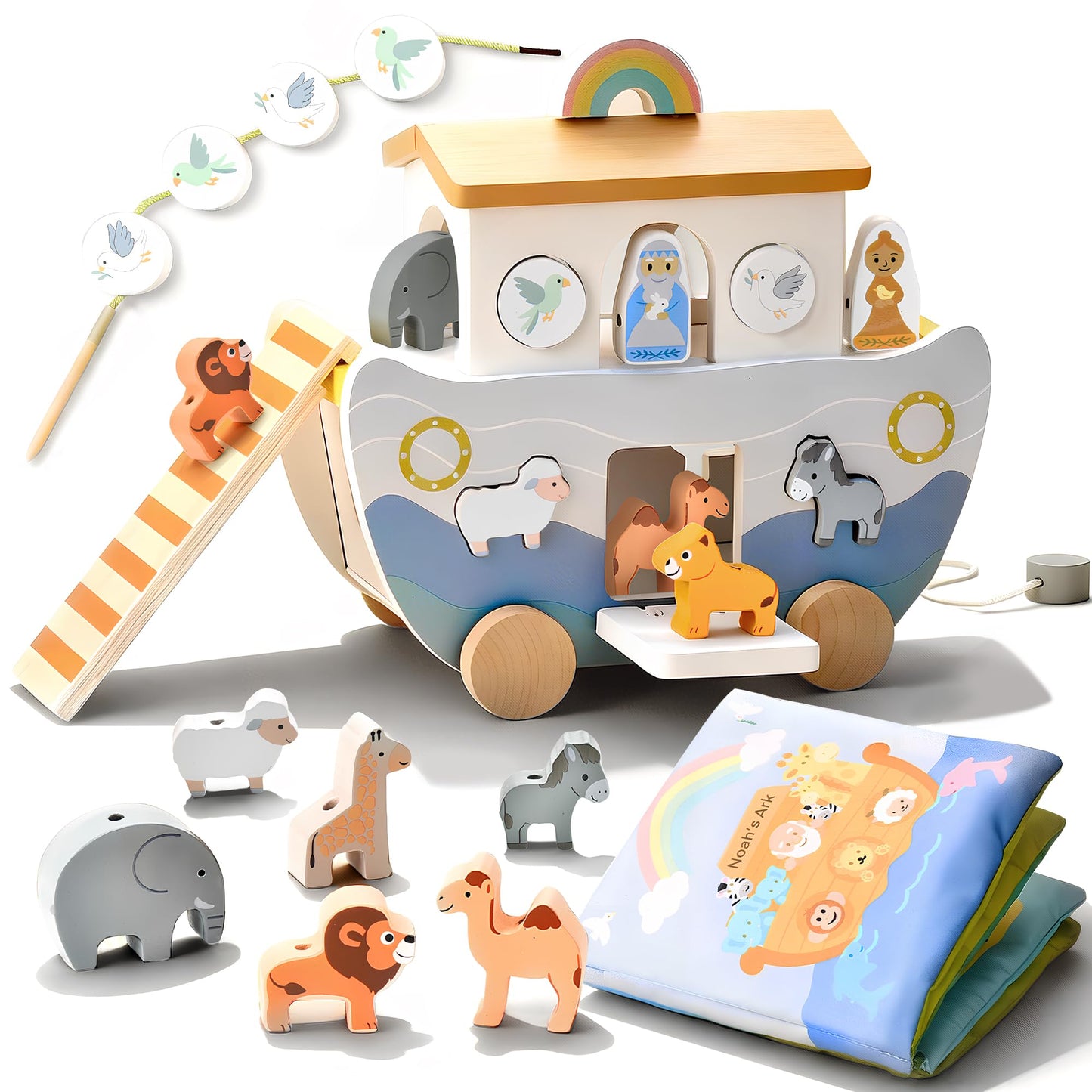 Mauzutta Wooden Noah's Ark Pull-Along Toy with Bible Story Cloth Book – Montessori Sorting Set for Toddlers