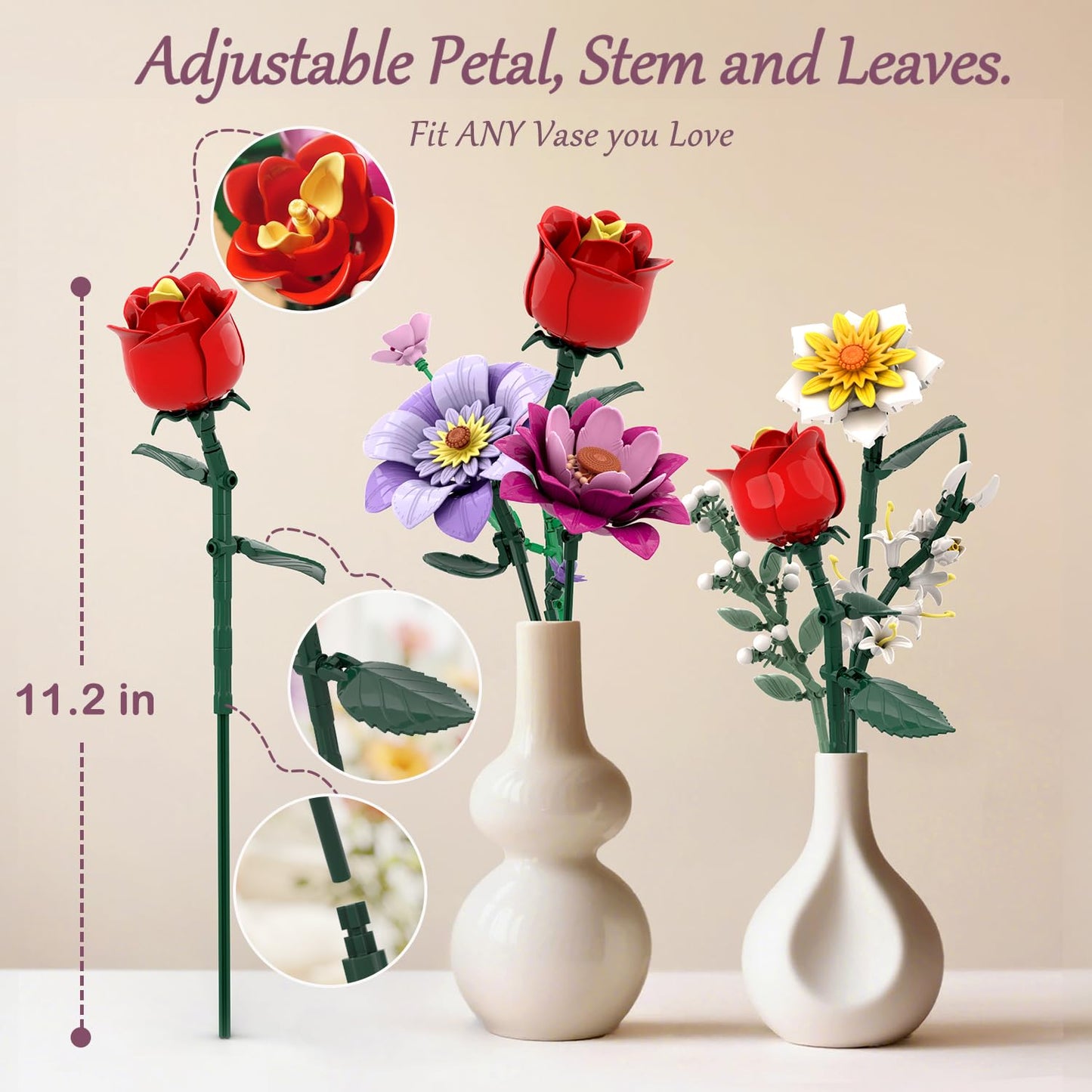 2 in 1 Vase & 16 Lifelike Blooms Building Set – Mavo brix, 1278 PCS