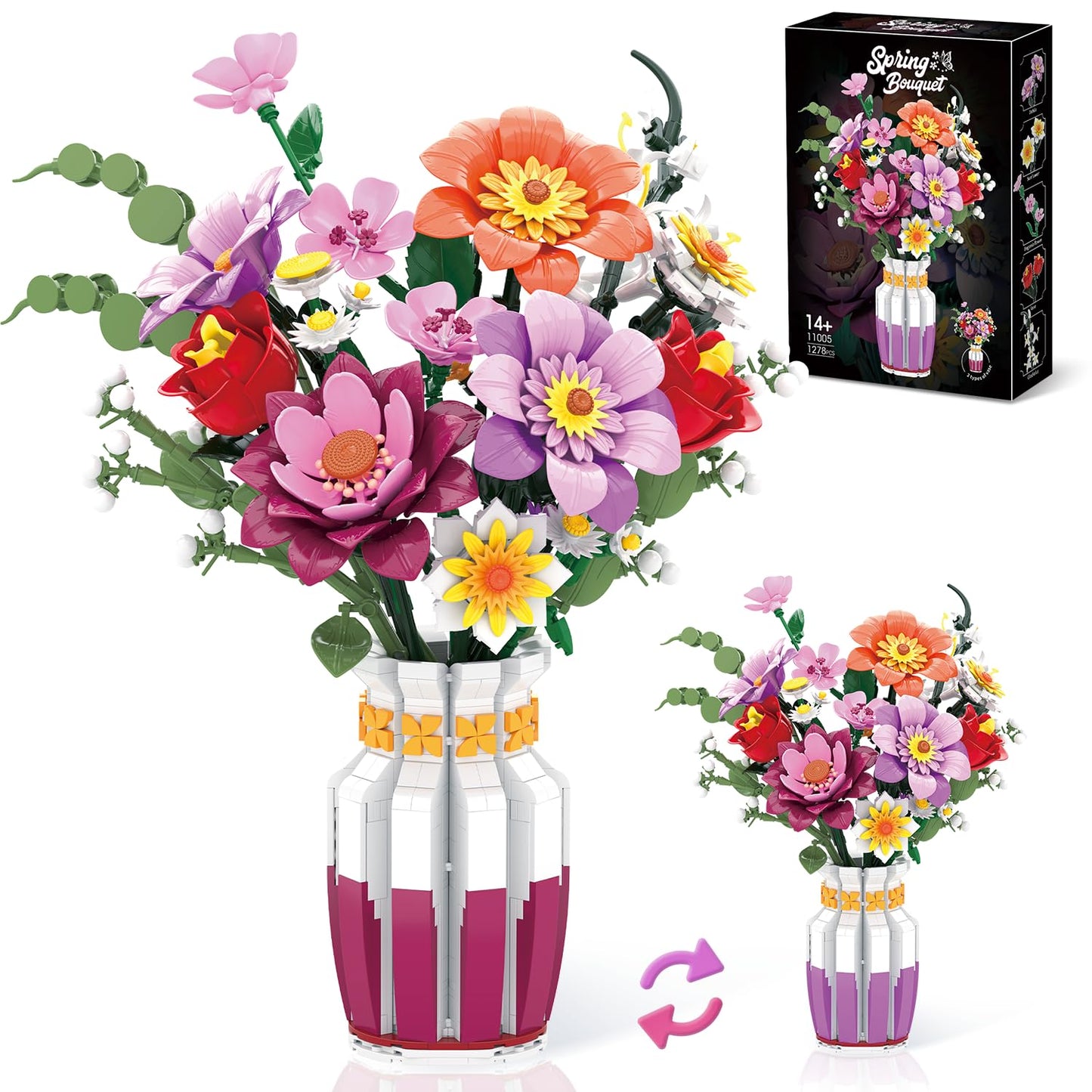 2 in 1 Vase & 16 Lifelike Blooms Building Set – Mavo brix, 1278 PCS
