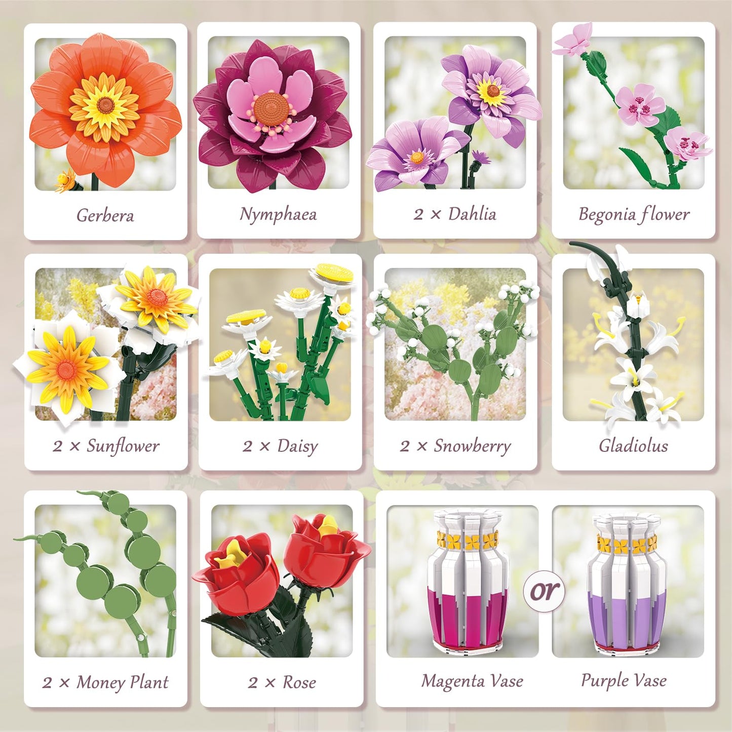 2 in 1 Vase & 16 Lifelike Blooms Building Set – Mavo brix, 1278 PCS