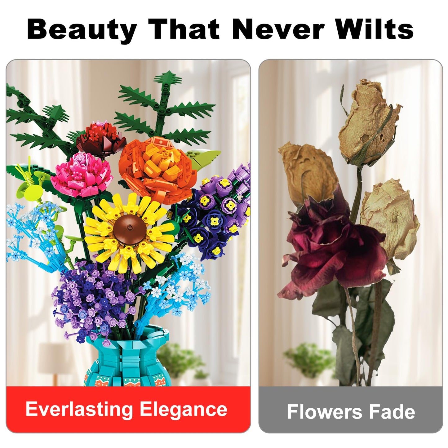Flowers Bouquet Building Set for Adults by Mavo Brix — Lego-Compatible Wildflowers