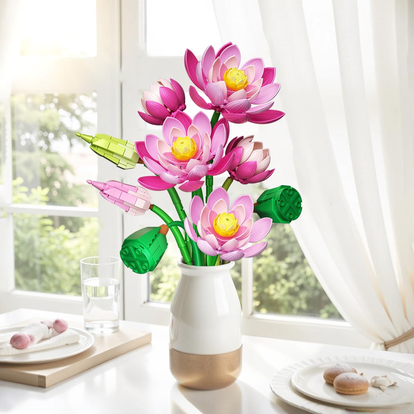 Mavo brix Lotus Flowers Botanical Building Set with Vase — Lego Compatible, Pink, 710 PCS