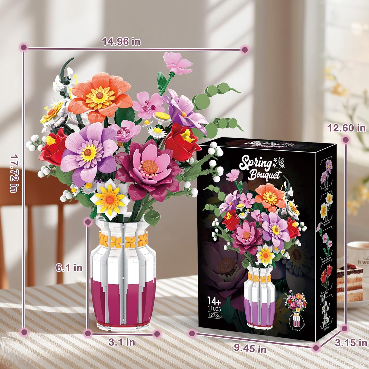 2 in 1 Vase & 16 Lifelike Blooms Building Set – Mavo brix, 1278 PCS