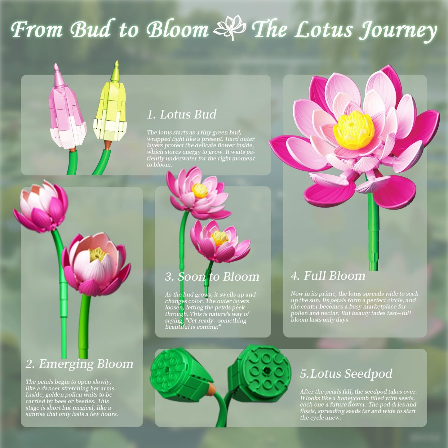 Mavo brix Lotus Flowers Botanical Building Set with Vase — Lego Compatible, Pink, 710 PCS