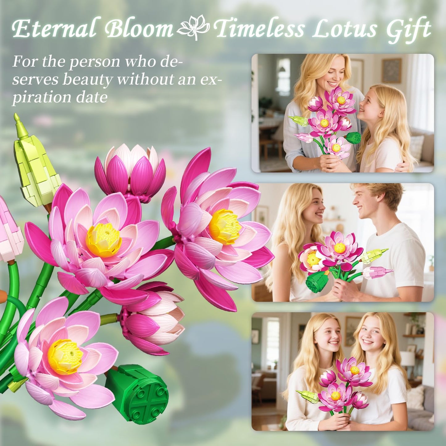 Mavo brix Lotus Flowers Botanical Building Set with Vase — Lego Compatible, Pink, 710 PCS