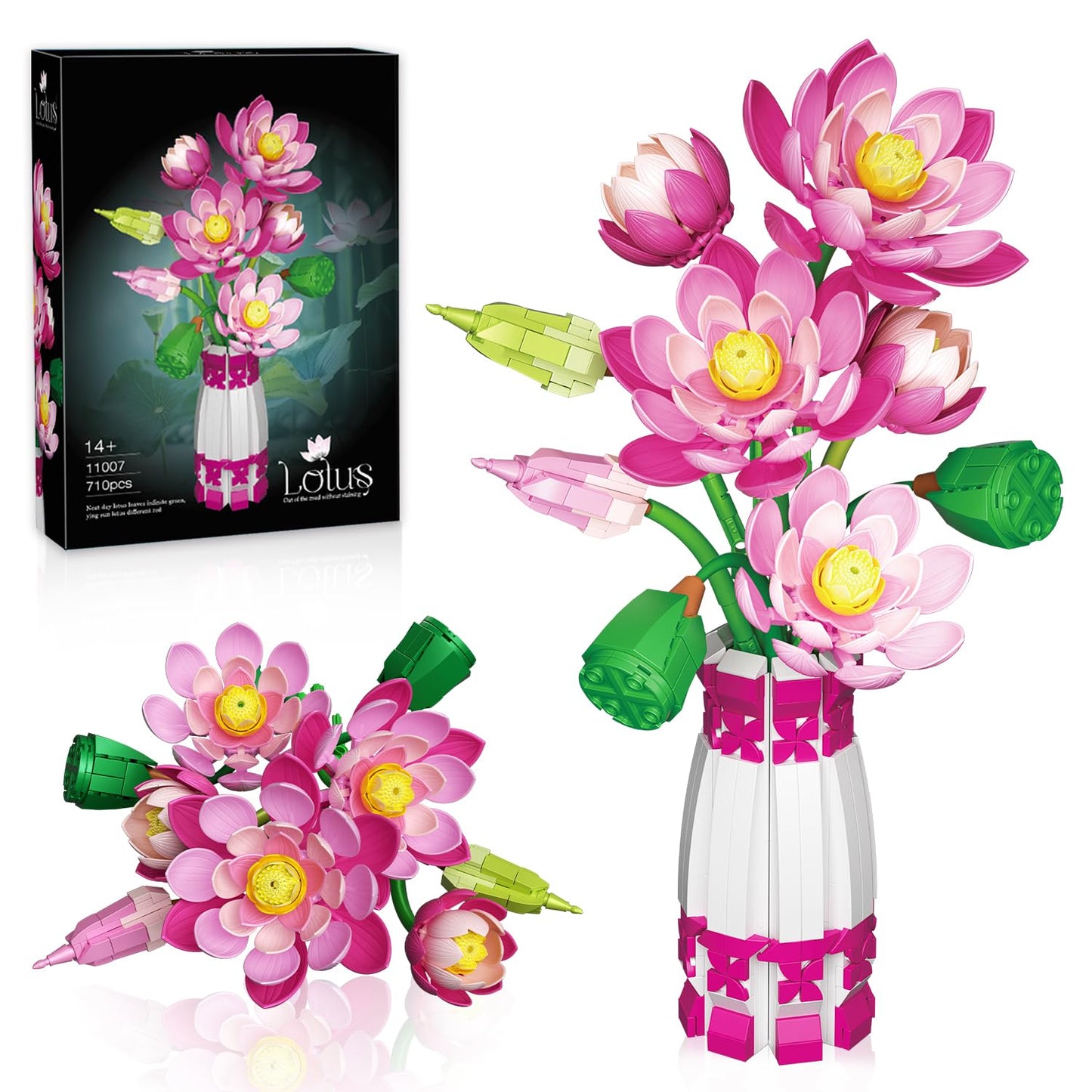 Mavo brix Lotus Flowers Botanical Building Set with Vase — Lego Compatible, Pink, 710 PCS