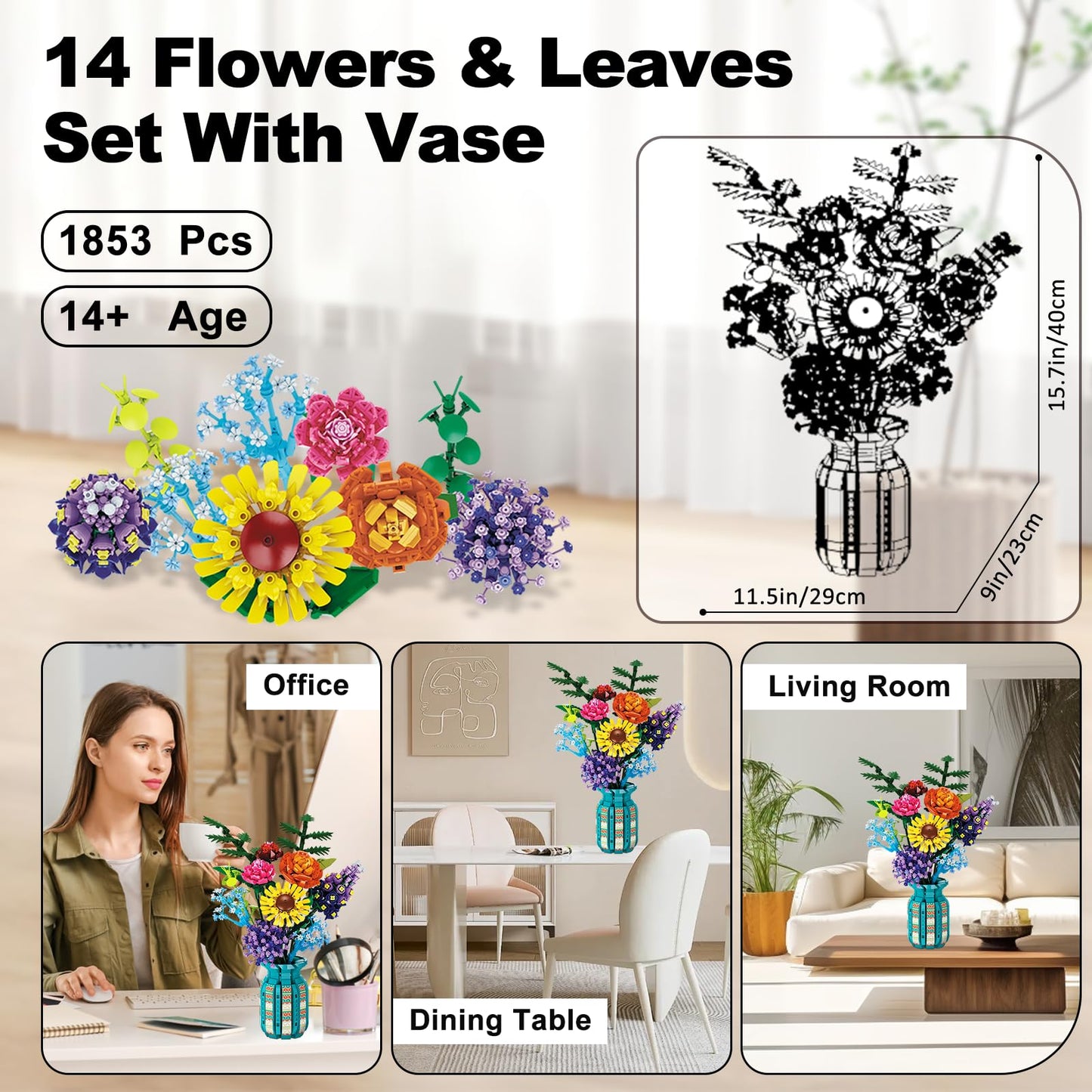 Flowers Bouquet Building Set for Adults by Mavo Brix — Lego-Compatible Wildflowers
