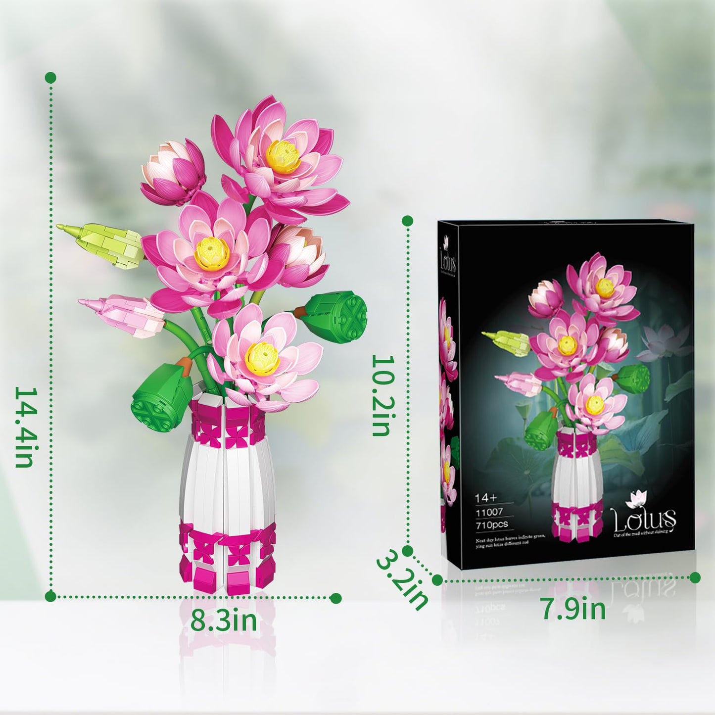 Mavo brix Lotus Flowers Botanical Building Set with Vase — Lego Compatible, Pink, 710 PCS
