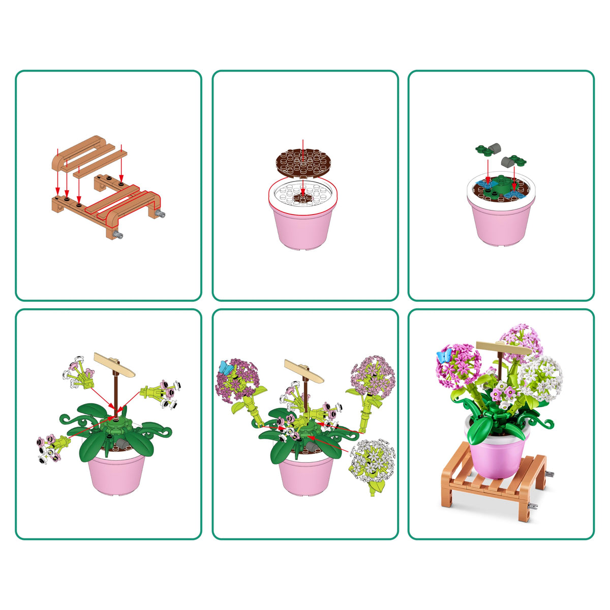 MAX Premium Garden Pot Building Bricks Collection — 6 Plant Models, Up to 233 Pieces per Capsule (Hydrangea Included)
