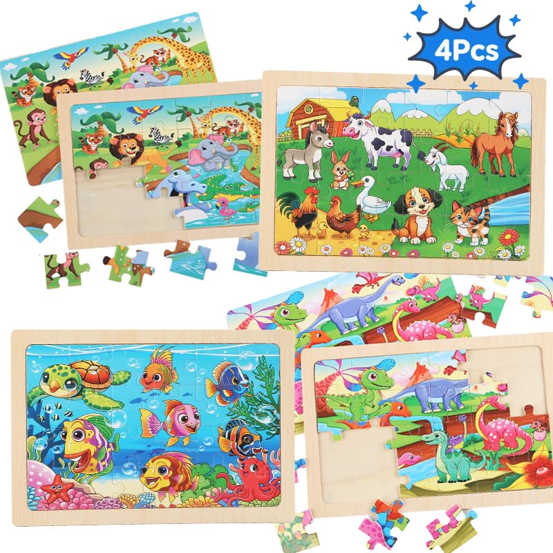 MAX JHQIQU 24-Piece Wooden Puzzles for Kids 4–6 | 4-Pack Educational Jigsaw Toys