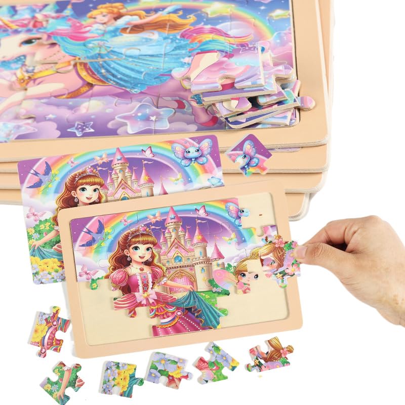 MAX JHQIQU jWooden Puzzle Set for Kids 4-6 — 4 Pack, 24 Pieces (Unicorn, Princess, Fairy)
