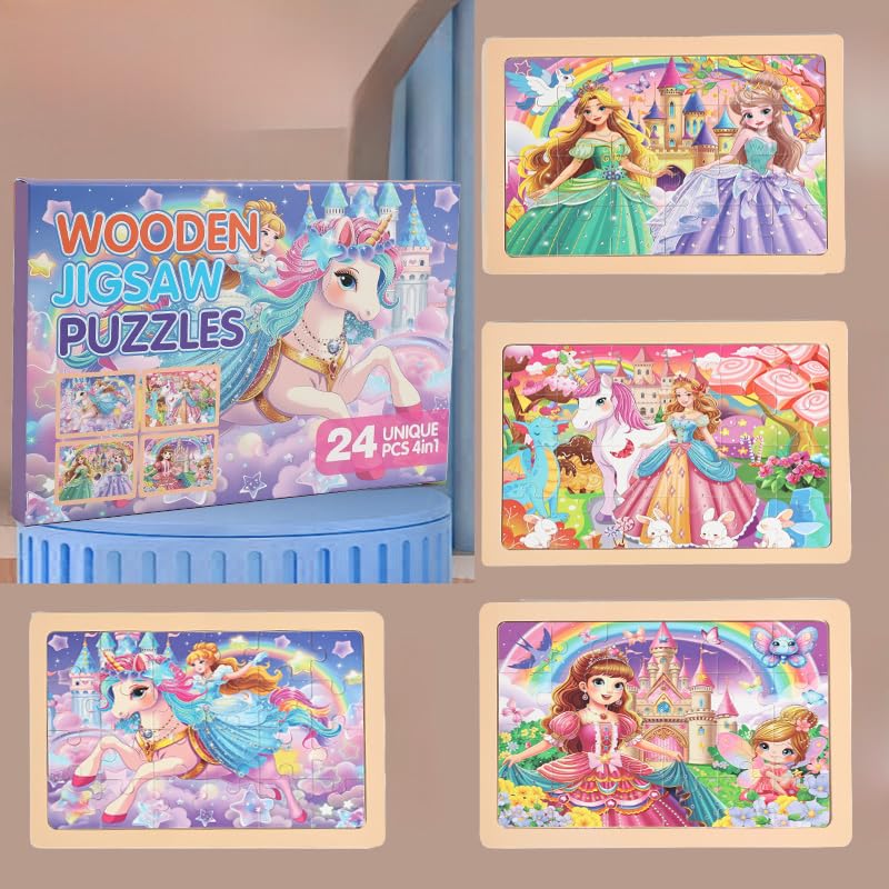 MAX JHQIQU jWooden Puzzle Set for Kids 4-6 — 4 Pack, 24 Pieces (Unicorn, Princess, Fairy)