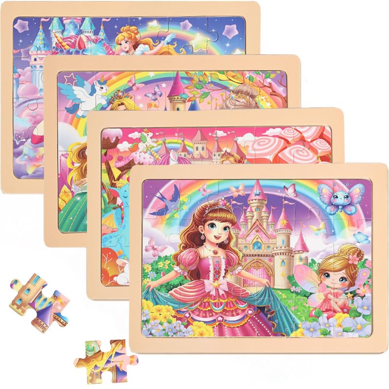 MAX JHQIQU jWooden Puzzle Set for Kids 4-6 — 4 Pack, 24 Pieces (Unicorn, Princess, Fairy)