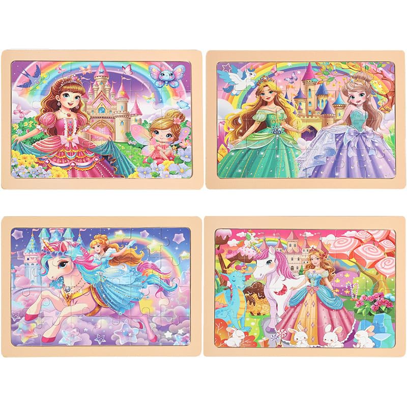 MAX JHQIQU jWooden Puzzle Set for Kids 4-6 — 4 Pack, 24 Pieces (Unicorn, Princess, Fairy)