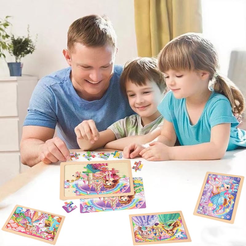 MAX JHQIQU jWooden Puzzle Set for Kids 4-6 — 4 Pack, 24 Pieces (Unicorn, Princess, Fairy)