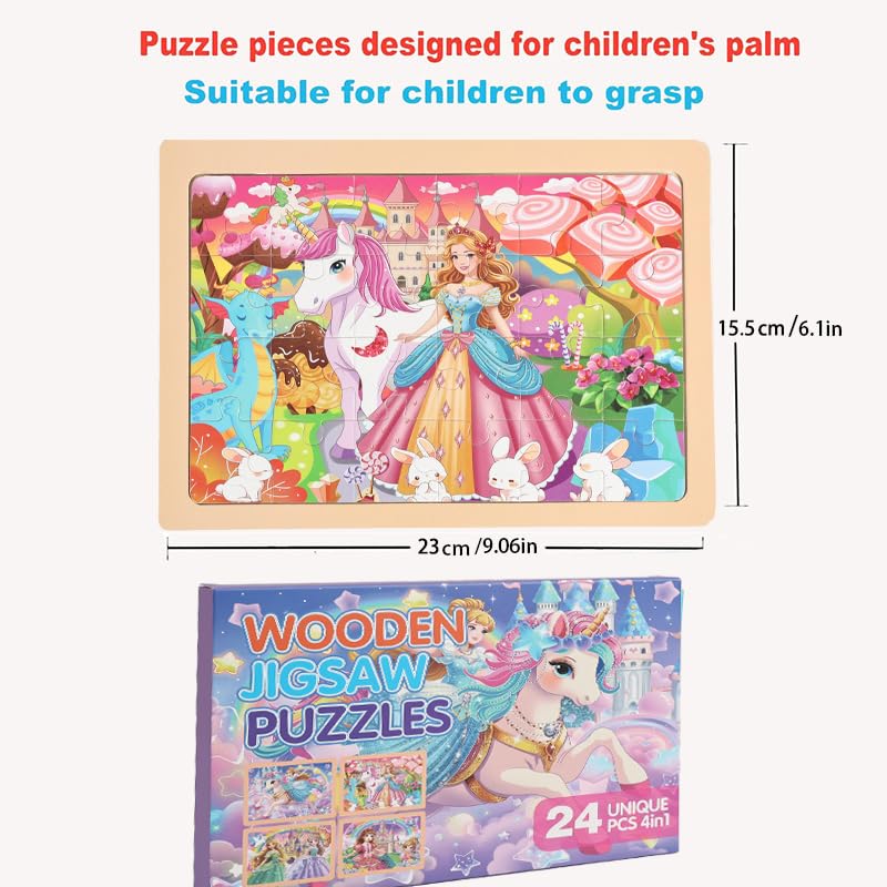 MAX JHQIQU jWooden Puzzle Set for Kids 4-6 — 4 Pack, 24 Pieces (Unicorn, Princess, Fairy)