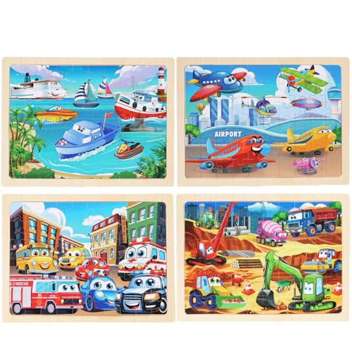 MAX JHQIQU Wooden Puzzles Vehicle Toys for Kids 3-5 — 4-Pack 24-Piece Wood Jigsaw Puzzles