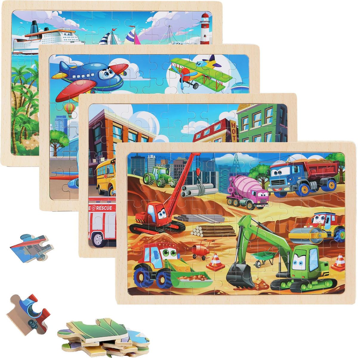 MAX JHQIQU Wooden Puzzles Vehicle Toys for Kids 3-5 — 4-Pack 24-Piece Wood Jigsaw Puzzles