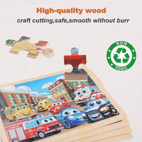 MAX JHQIQU Wooden Puzzles Vehicle Toys for Kids 3-5 — 4-Pack 24-Piece Wood Jigsaw Puzzles