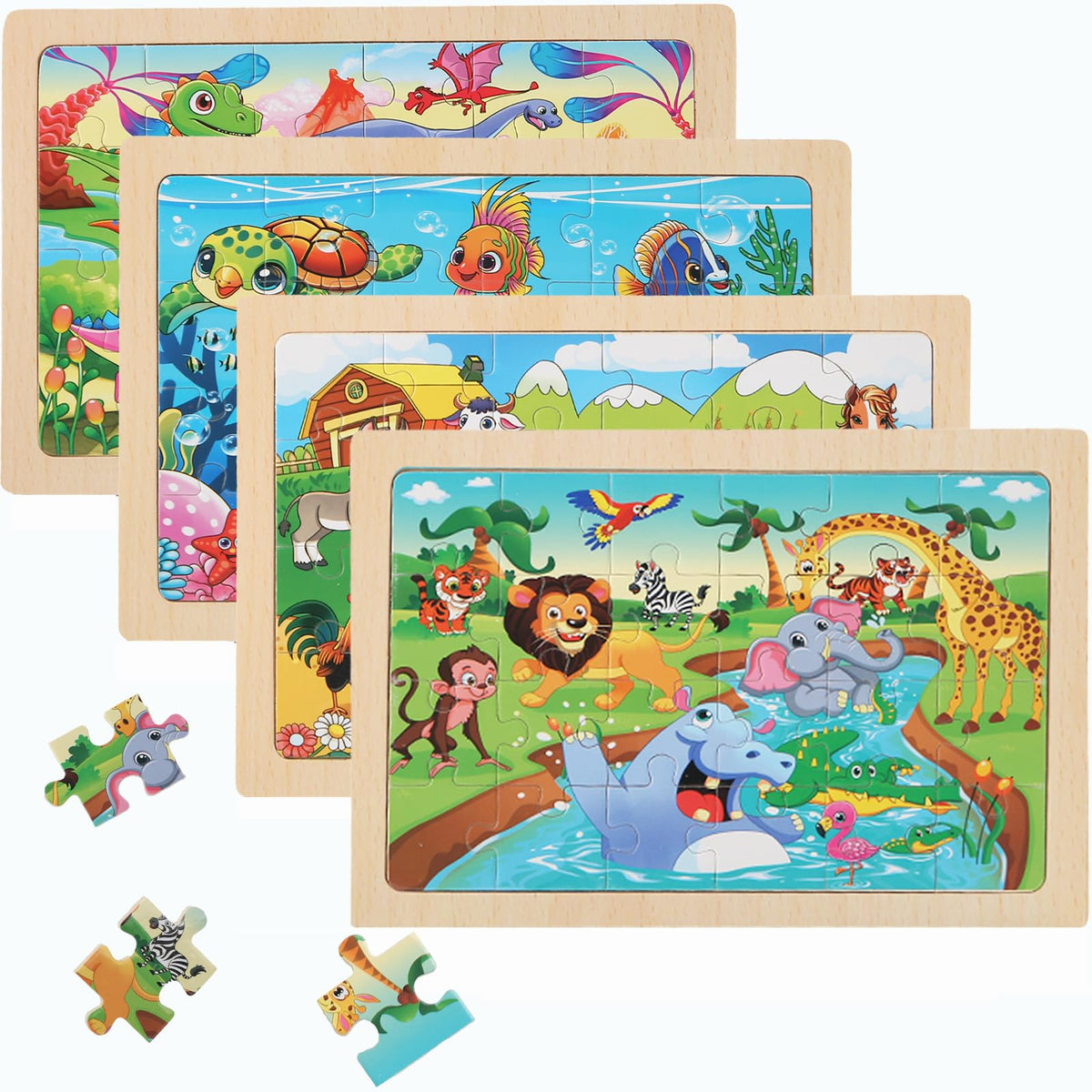 MAX JHQIQU 24-Piece Wooden Puzzles for Kids 4–6 | 4-Pack Educational Jigsaw Toys