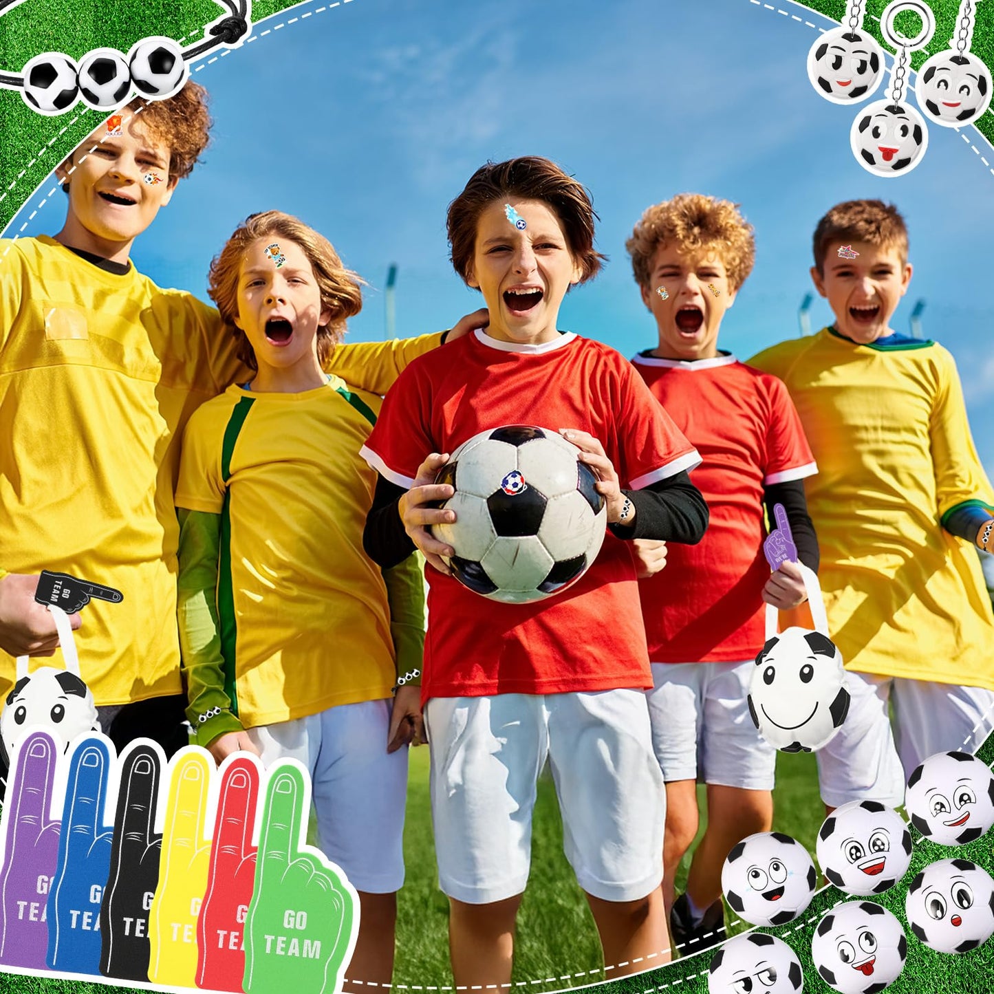 Maxdot 122 Pcs Soccer Party Favors Set – Serves 12 with Bags, Foam Fingers, Keychains & Bracelets