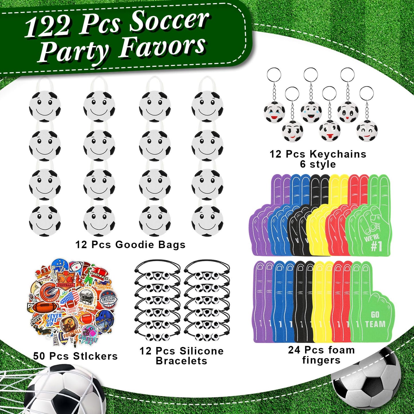 Maxdot 122 Pcs Soccer Party Favors Set – Serves 12 with Bags, Foam Fingers, Keychains & Bracelets