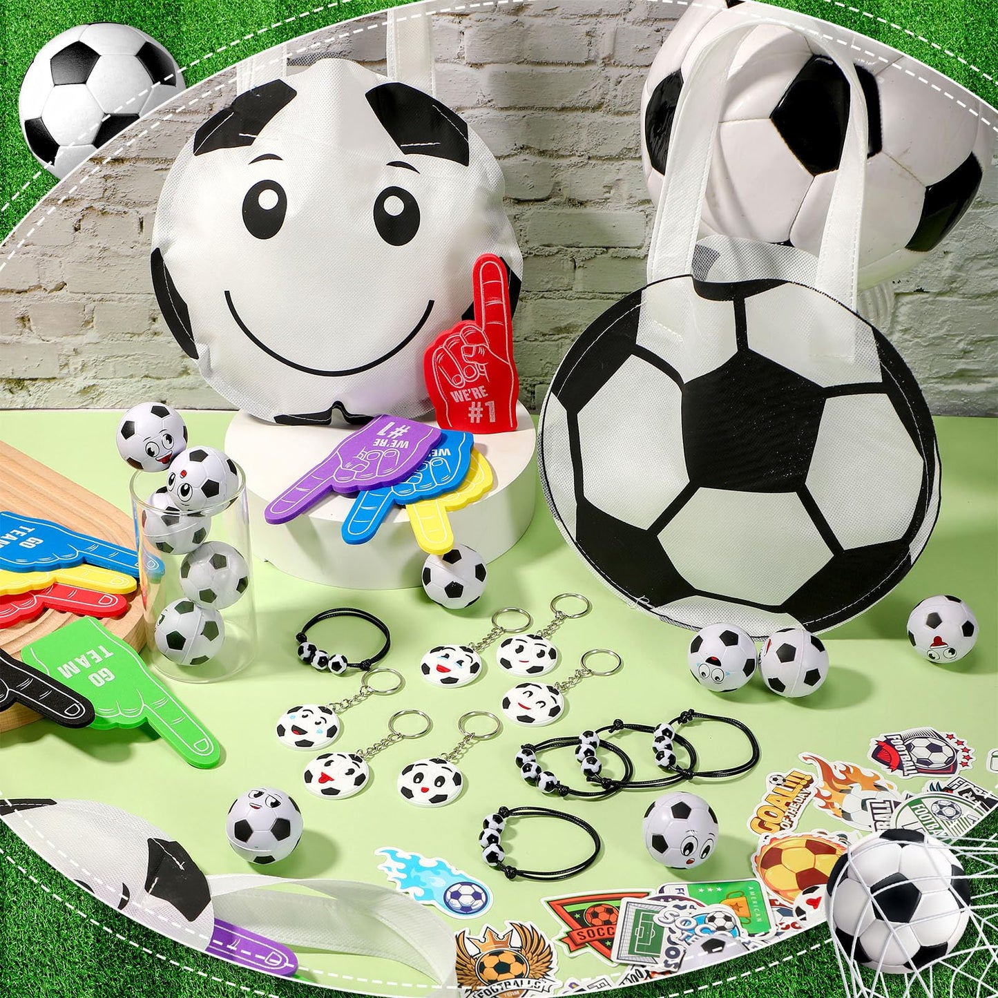 Maxdot 122 Pcs Soccer Party Favors Set – Serves 12 with Bags, Foam Fingers, Keychains & Bracelets