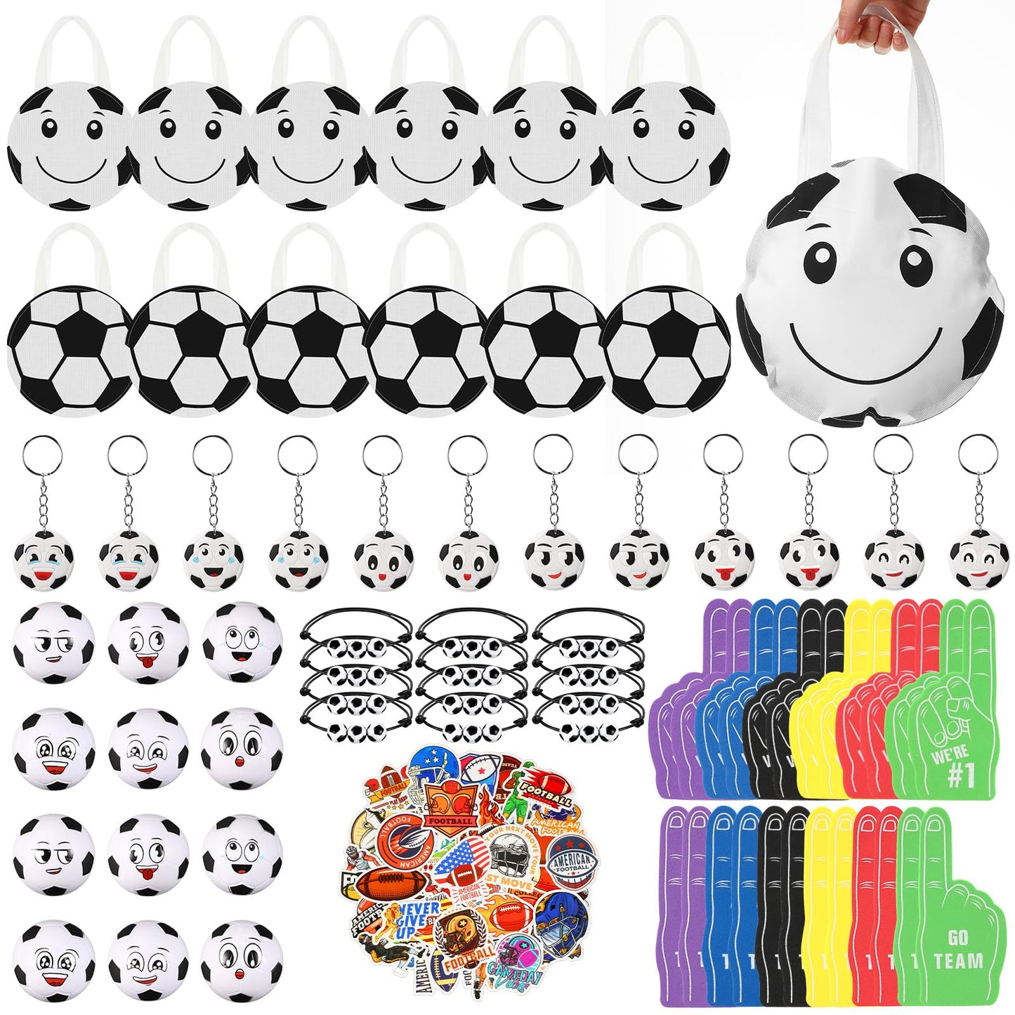 Maxdot 122 Pcs Soccer Party Favors Set – Serves 12 with Bags, Foam Fingers, Keychains & Bracelets