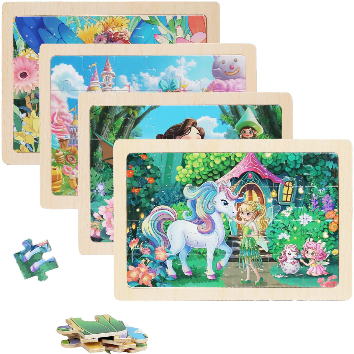 MAX JHQIQU 4-Pack Wooden Puzzles for Kids 3-6 – Castle, Unicorn, Mermaid Princess & Flower Fairy