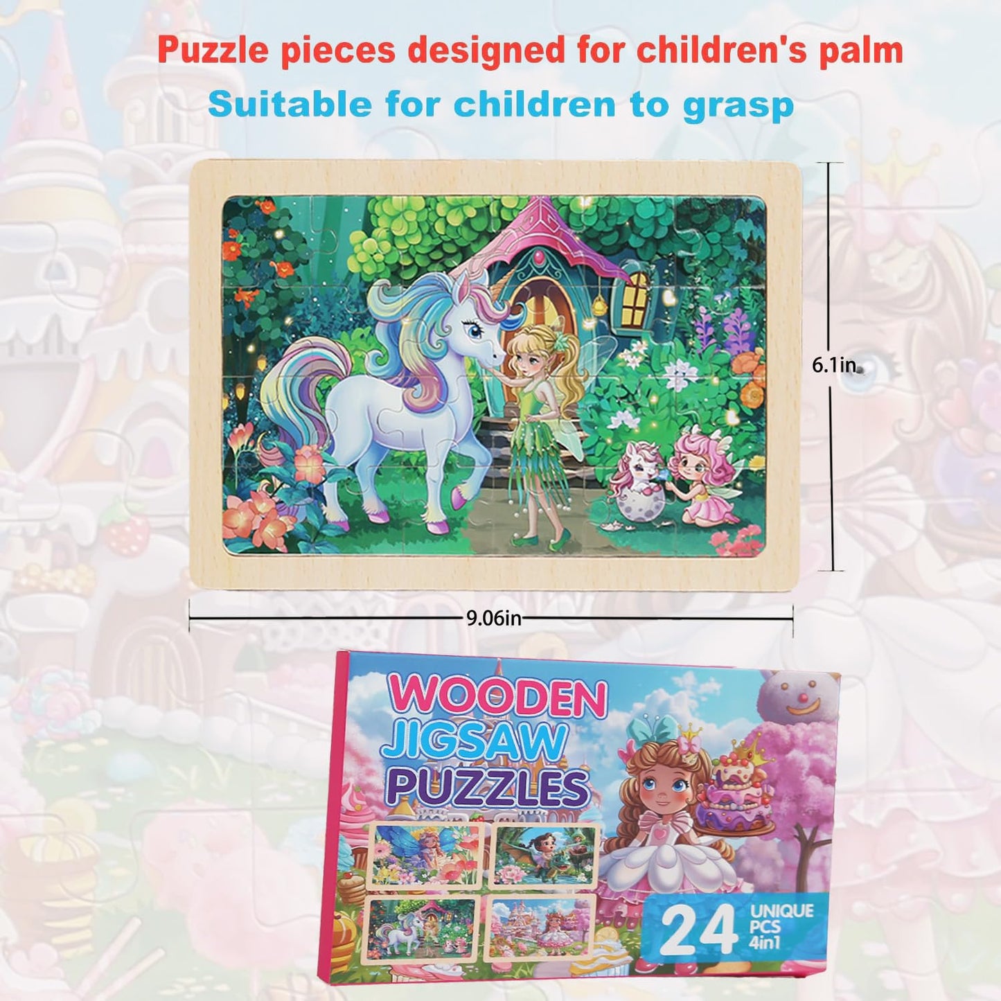 MAX JHQIQU 4-Pack Wooden Puzzles for Kids 3-6 – Castle, Unicorn, Mermaid Princess & Flower Fairy