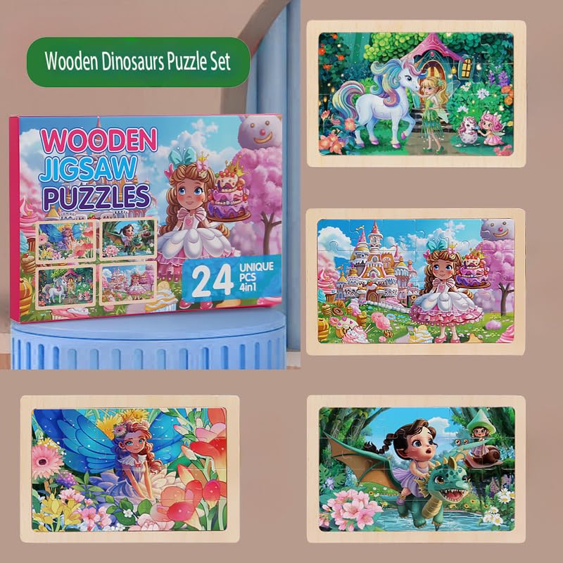 MAX JHQIQU 4-Pack Wooden Puzzles for Kids 3-6 – Castle, Unicorn, Mermaid Princess & Flower Fairy