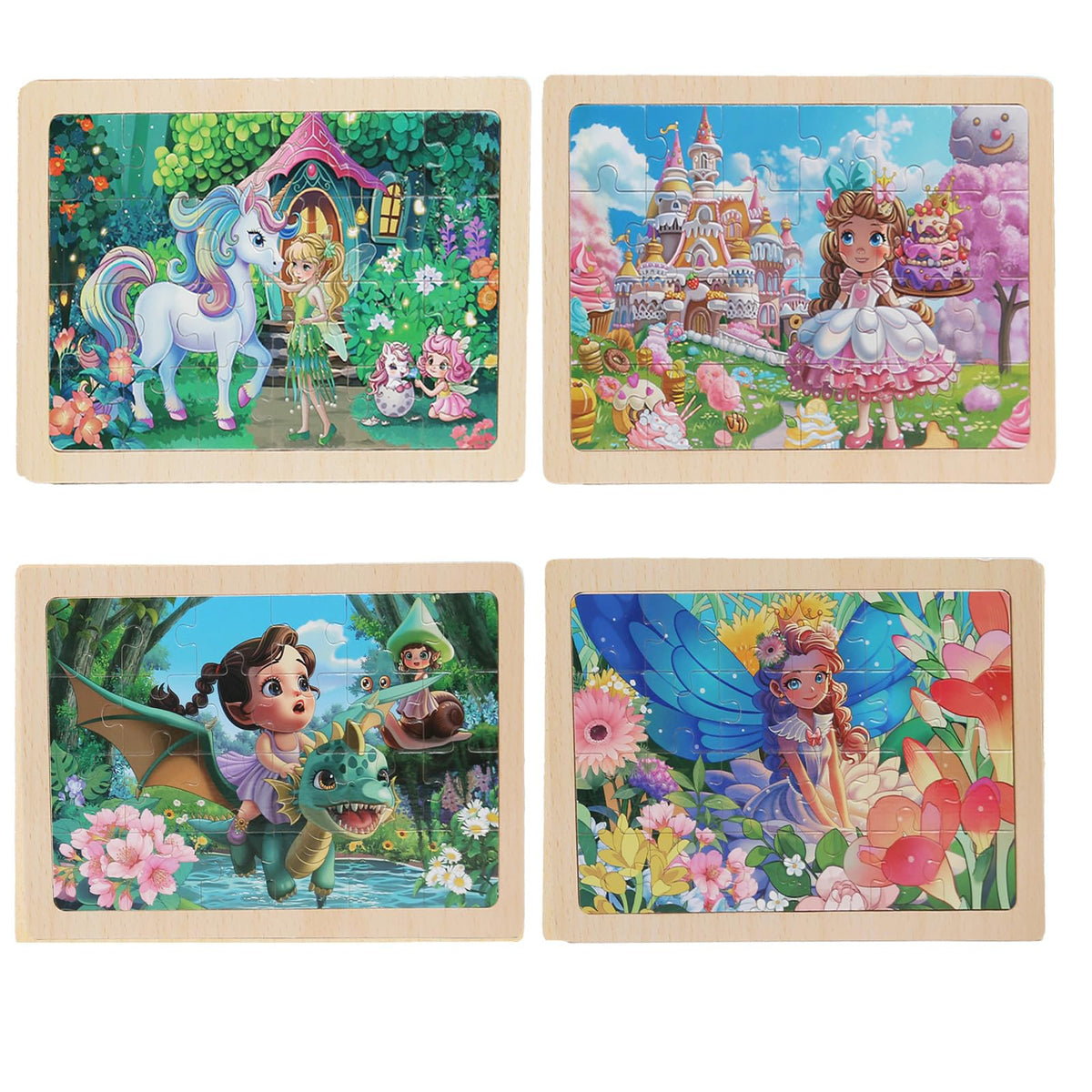 MAX JHQIQU 4-Pack Wooden Puzzles for Kids 3-6 – Castle, Unicorn, Mermaid Princess & Flower Fairy