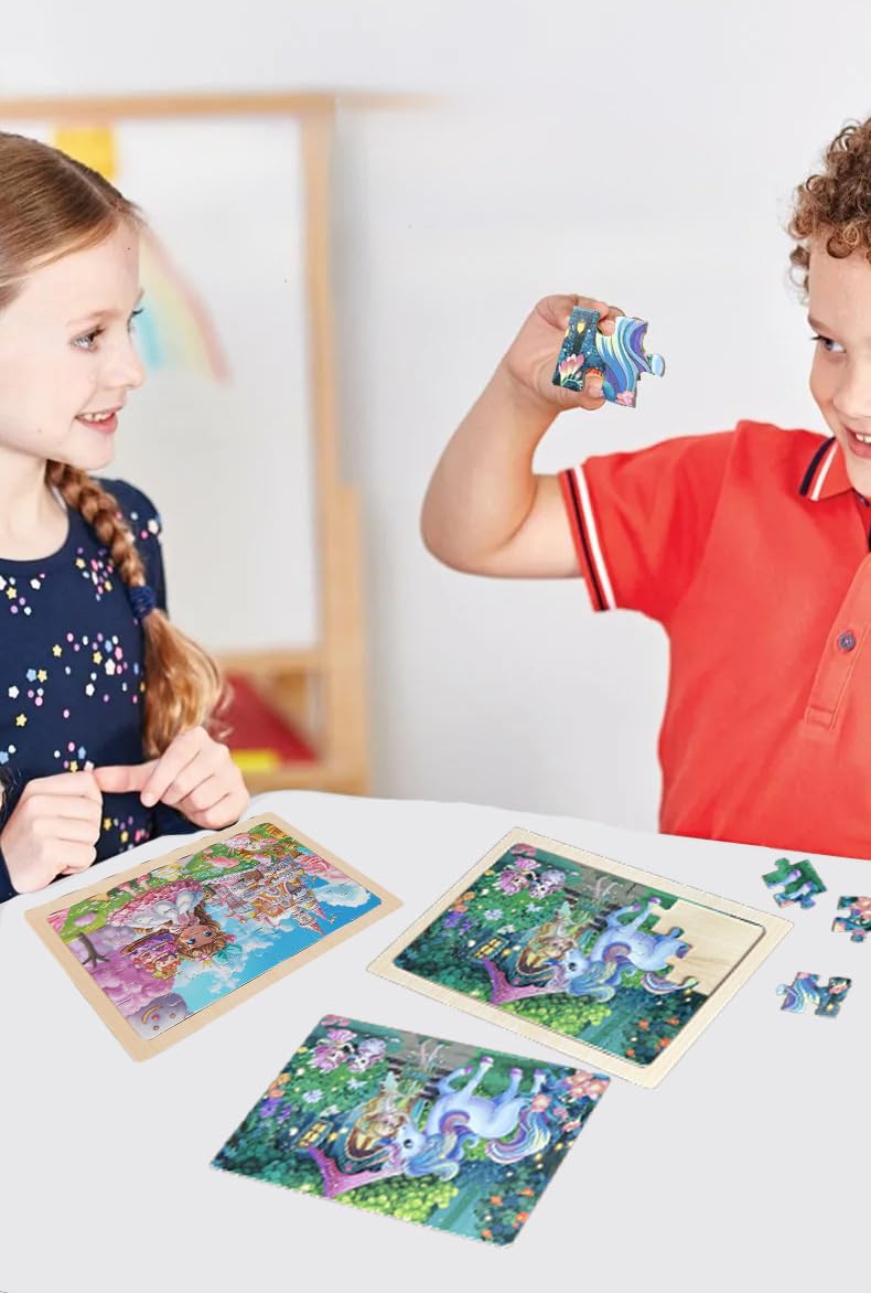 MAX JHQIQU 4-Pack Wooden Puzzles for Kids 3-6 – Castle, Unicorn, Mermaid Princess & Flower Fairy